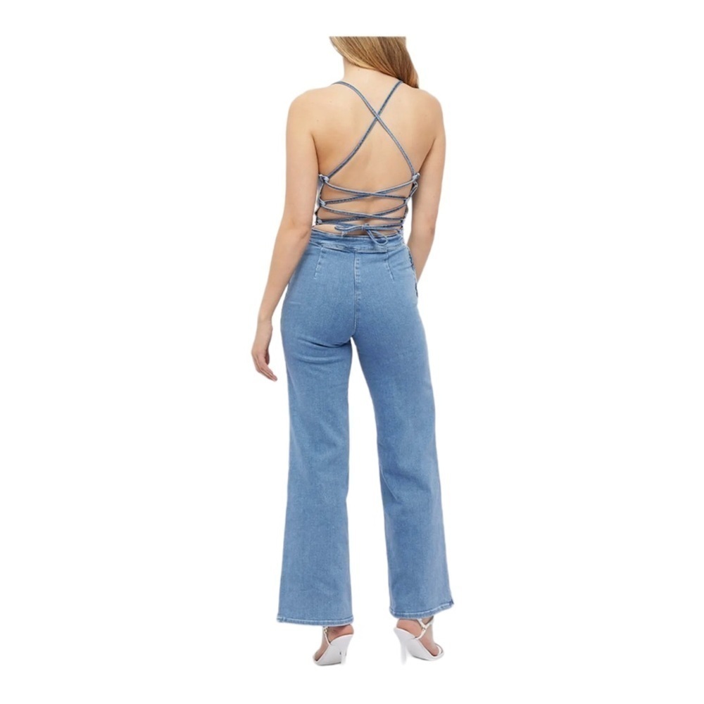 GOOD AMERICAN Vacay Denim Tie Back Flare Leg Jumpsuit NWT Size 0 - Picture 7 of 13
